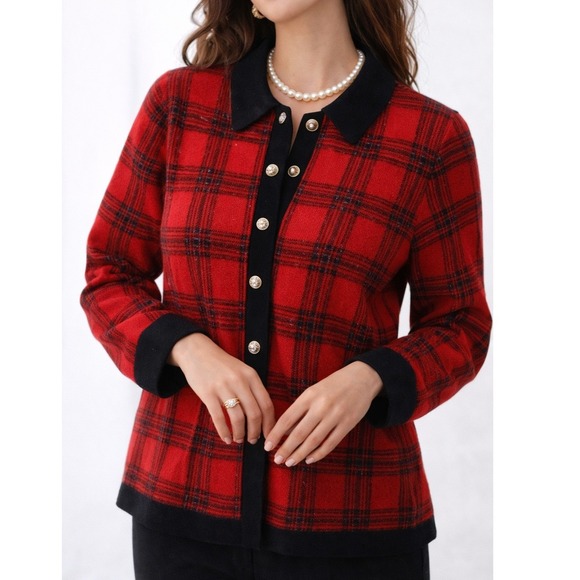 Cathy Daniels Sweaters - VTG Cathy Daniels Red Black Plaid Gold Accent Button Cardigan Sweater Women L